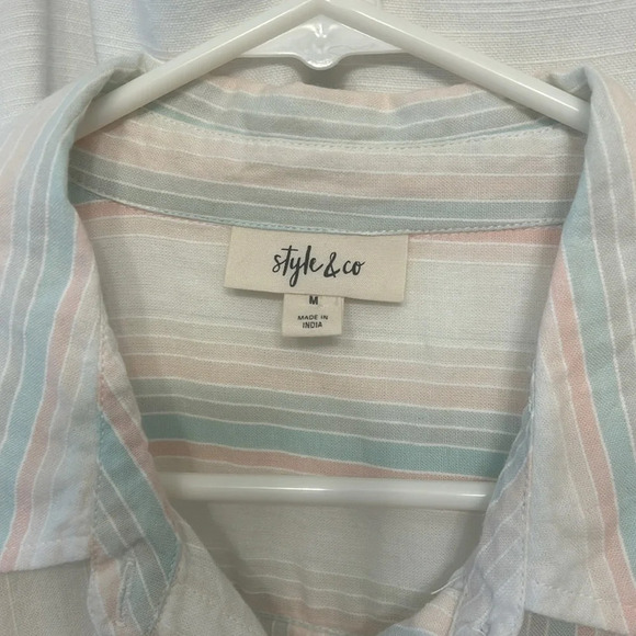 Style & Co long sleeve button down stripe pastel pink blue peach M - Picture 2 of 9